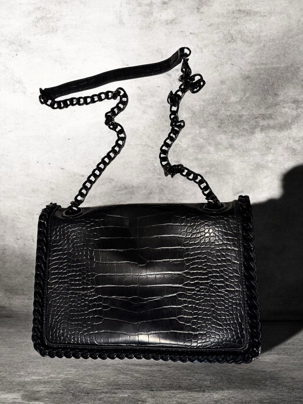 Aldo Black Croc-Embossed Chain Shoulder Bag